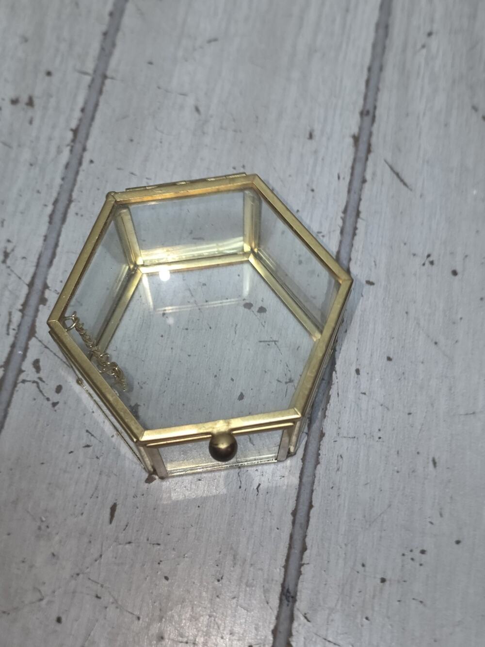 Vintage Glass Brass Hexagon Jewlery Box Ring Holder Trinket Box Regency French
